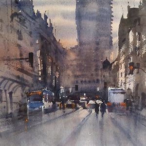 Acuarela Atardecer en Gran Via